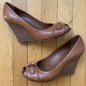 TORY BURCH Brown CARNELL Open Toe High Wedge Pumps 8